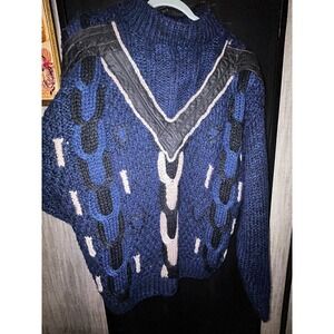 Street Scenes Vintage Chunky Knit Sweater Blue Leather Medium TRENDING Vintage